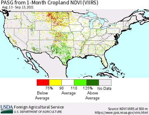 United States PASG from 1-Month Cropland NDVI (VIIRS) Thematic Map For 9/11/2021 - 9/20/2021