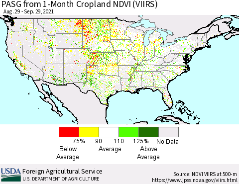 United States PASG from 1-Month Cropland NDVI (VIIRS) Thematic Map For 9/21/2021 - 9/30/2021