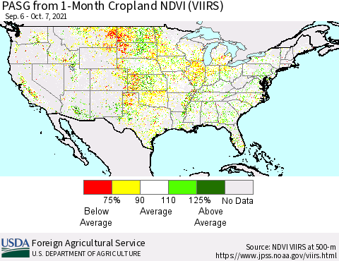 United States PASG from 1-Month Cropland NDVI (VIIRS) Thematic Map For 10/1/2021 - 10/10/2021