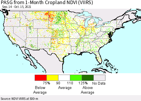 United States PASG from 1-Month Cropland NDVI (VIIRS) Thematic Map For 10/8/2021 - 10/15/2021