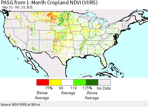 United States PASG from 1-Month Cropland NDVI (VIIRS) Thematic Map For 10/16/2021 - 10/23/2021