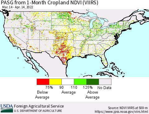 United States PASG from 1-Month Cropland NDVI (VIIRS) Thematic Map For 4/11/2022 - 4/20/2022