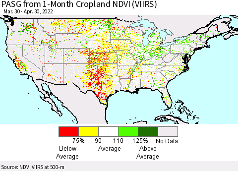 United States PASG from 1-Month Cropland NDVI (VIIRS) Thematic Map For 4/23/2022 - 4/30/2022