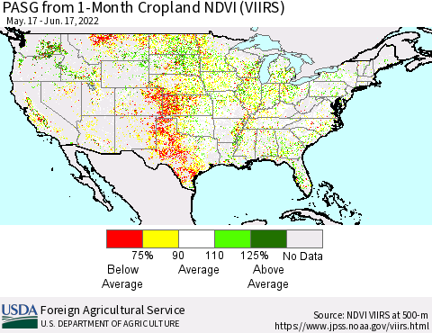 United States PASG from 1-Month Cropland NDVI (VIIRS) Thematic Map For 6/11/2022 - 6/20/2022