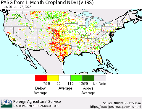 United States PASG from 1-Month Cropland NDVI (VIIRS) Thematic Map For 7/21/2022 - 7/31/2022