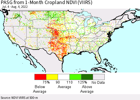 United States PASG from 1-Month Cropland NDVI (VIIRS) Thematic Map For 7/28/2022 - 8/4/2022