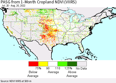United States PASG from 1-Month Cropland NDVI (VIIRS) Thematic Map For 8/11/2022 - 8/20/2022