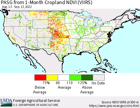 United States PASG from 1-Month Cropland NDVI (VIIRS) Thematic Map For 9/11/2022 - 9/20/2022