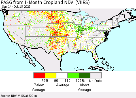 United States PASG from 1-Month Cropland NDVI (VIIRS) Thematic Map For 10/8/2022 - 10/15/2022