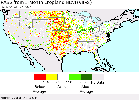 United States PASG from 1-Month Cropland NDVI (VIIRS) Thematic Map For 10/16/2022 - 10/23/2022