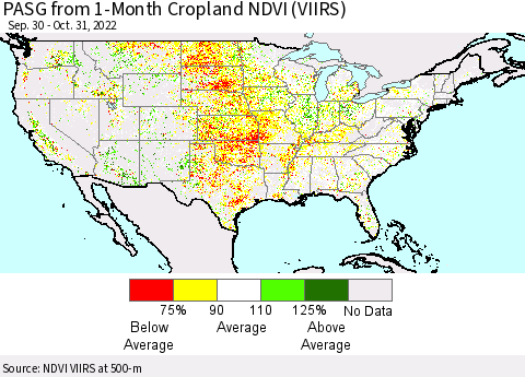 United States PASG from 1-Month Cropland NDVI (VIIRS) Thematic Map For 10/21/2022 - 10/31/2022