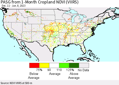 United States PASG from 1-Month Cropland NDVI (VIIRS) Thematic Map For 1/1/2023 - 1/8/2023