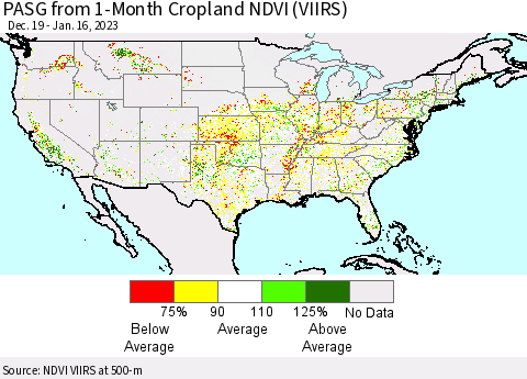 United States PASG from 1-Month Cropland NDVI (VIIRS) Thematic Map For 1/9/2023 - 1/16/2023