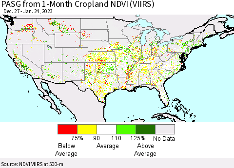 United States PASG from 1-Month Cropland NDVI (VIIRS) Thematic Map For 1/17/2023 - 1/24/2023