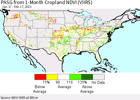 United States PASG from 1-Month Cropland NDVI (VIIRS) Thematic Map For 2/10/2023 - 2/17/2023