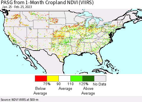 United States PASG from 1-Month Cropland NDVI (VIIRS) Thematic Map For 2/18/2023 - 2/25/2023