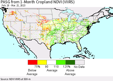 United States PASG from 1-Month Cropland NDVI (VIIRS) Thematic Map For 3/14/2023 - 3/21/2023