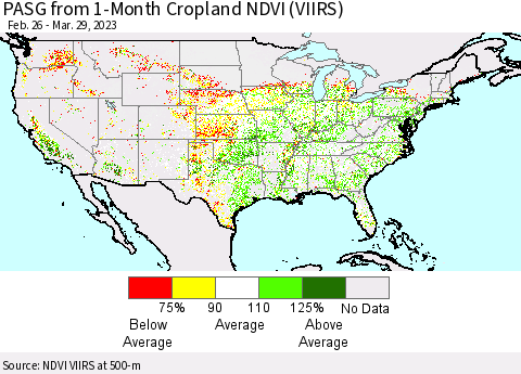 United States PASG from 1-Month Cropland NDVI (VIIRS) Thematic Map For 3/22/2023 - 3/29/2023