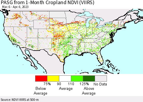 United States PASG from 1-Month Cropland NDVI (VIIRS) Thematic Map For 3/30/2023 - 4/6/2023