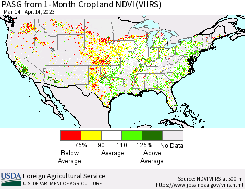 United States PASG from 1-Month Cropland NDVI (VIIRS) Thematic Map For 4/11/2023 - 4/20/2023
