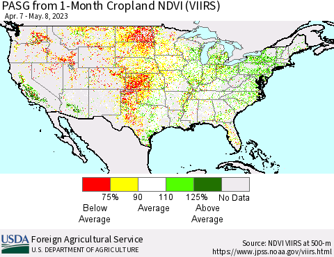 United States PASG from 1-Month Cropland NDVI (VIIRS) Thematic Map For 5/1/2023 - 5/10/2023