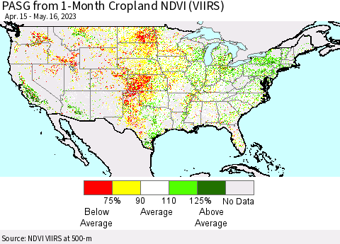United States PASG from 1-Month Cropland NDVI (VIIRS) Thematic Map For 5/9/2023 - 5/16/2023