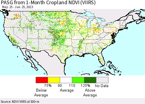 United States PASG from 1-Month Cropland NDVI (VIIRS) Thematic Map For 6/18/2023 - 6/25/2023