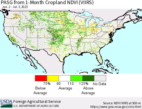 United States PASG from 1-Month Cropland NDVI (VIIRS) Thematic Map For 7/1/2023 - 7/10/2023