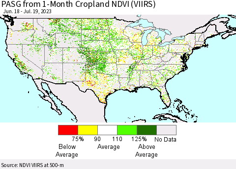 United States PASG from 1-Month Cropland NDVI (VIIRS) Thematic Map For 7/12/2023 - 7/19/2023