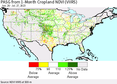 United States PASG from 1-Month Cropland NDVI (VIIRS) Thematic Map For 7/20/2023 - 7/27/2023