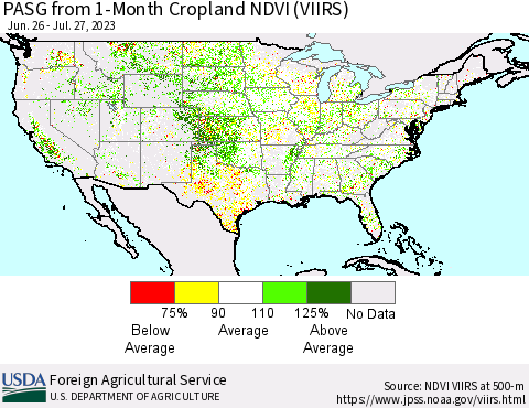 United States PASG from 1-Month Cropland NDVI (VIIRS) Thematic Map For 7/21/2023 - 7/31/2023