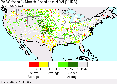 United States PASG from 1-Month Cropland NDVI (VIIRS) Thematic Map For 7/28/2023 - 8/4/2023