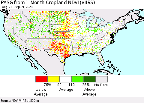 United States PASG from 1-Month Cropland NDVI (VIIRS) Thematic Map For 9/14/2023 - 9/21/2023