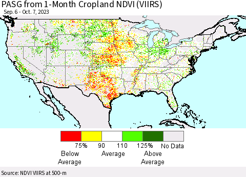United States PASG from 1-Month Cropland NDVI (VIIRS) Thematic Map For 9/30/2023 - 10/7/2023