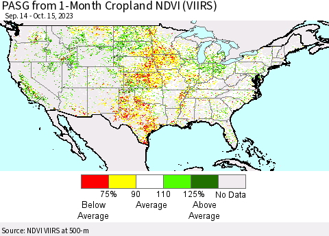 United States PASG from 1-Month Cropland NDVI (VIIRS) Thematic Map For 10/8/2023 - 10/15/2023