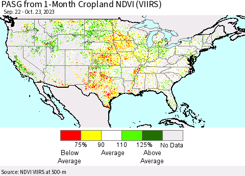 United States PASG from 1-Month Cropland NDVI (VIIRS) Thematic Map For 10/16/2023 - 10/23/2023