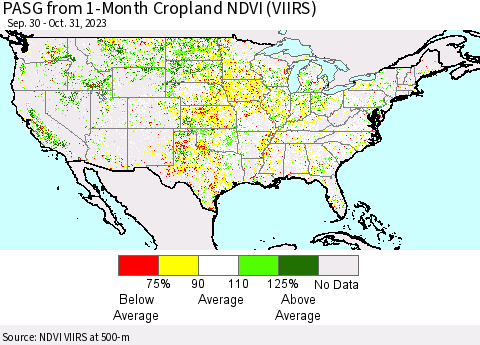 United States PASG from 1-Month Cropland NDVI (VIIRS) Thematic Map For 10/24/2023 - 10/31/2023