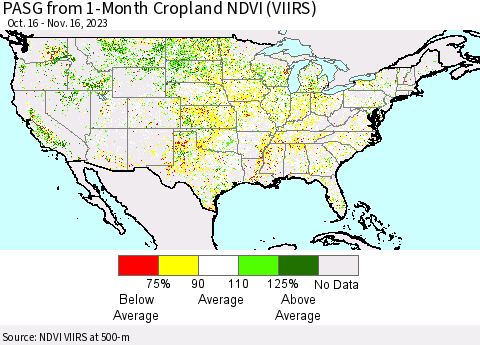 United States PASG from 1-Month Cropland NDVI (VIIRS) Thematic Map For 11/9/2023 - 11/16/2023