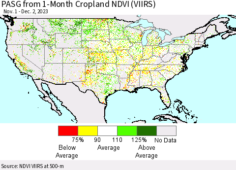 United States PASG from 1-Month Cropland NDVI (VIIRS) Thematic Map For 11/25/2023 - 12/2/2023