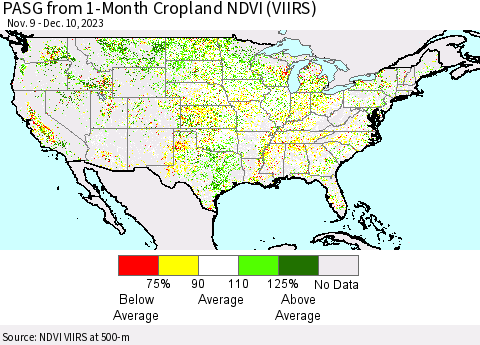 United States PASG from 1-Month Cropland NDVI (VIIRS) Thematic Map For 12/3/2023 - 12/10/2023