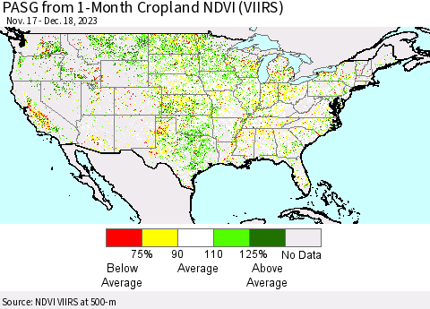 United States PASG from 1-Month Cropland NDVI (VIIRS) Thematic Map For 12/11/2023 - 12/18/2023