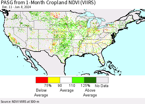United States PASG from 1-Month Cropland NDVI (VIIRS) Thematic Map For 1/1/2024 - 1/8/2024