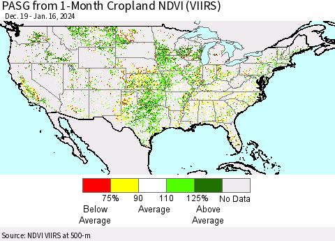 United States PASG from 1-Month Cropland NDVI (VIIRS) Thematic Map For 1/9/2024 - 1/16/2024