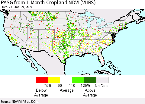 United States PASG from 1-Month Cropland NDVI (VIIRS) Thematic Map For 1/17/2024 - 1/24/2024