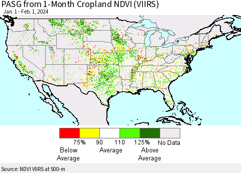 United States PASG from 1-Month Cropland NDVI (VIIRS) Thematic Map For 1/25/2024 - 2/1/2024