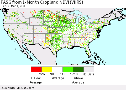 United States PASG from 1-Month Cropland NDVI (VIIRS) Thematic Map For 2/26/2024 - 3/4/2024