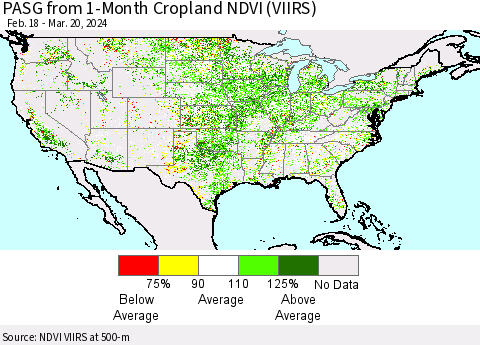 United States PASG from 1-Month Cropland NDVI (VIIRS) Thematic Map For 3/13/2024 - 3/20/2024