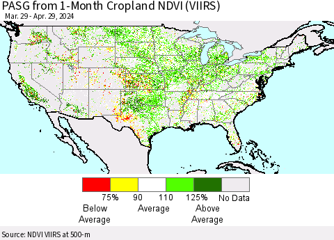 United States PASG from 1-Month Cropland NDVI (VIIRS) Thematic Map For 4/22/2024 - 4/29/2024
