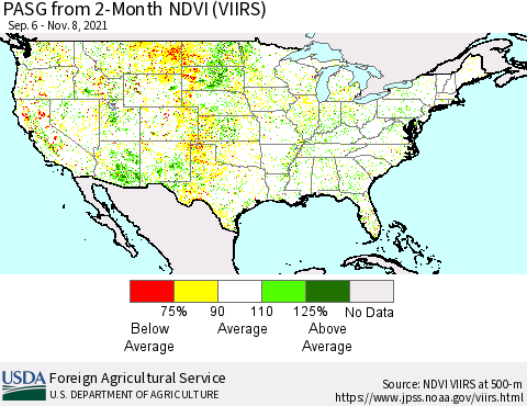 United States PASG from 2-Month NDVI (VIIRS) Thematic Map For 11/1/2021 - 11/10/2021