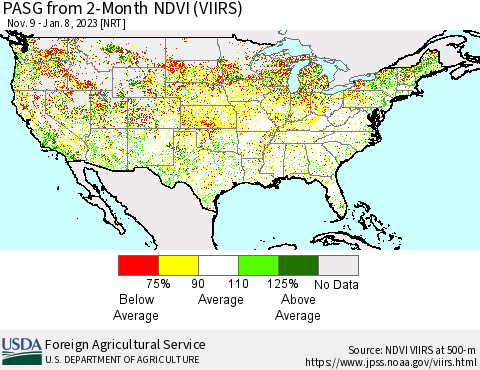 United States PASG from 2-Month NDVI (VIIRS) Thematic Map For 1/1/2023 - 1/10/2023